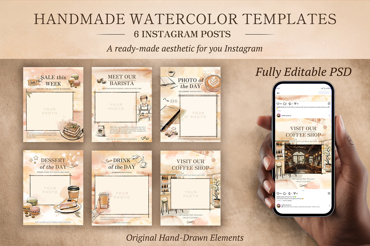 Watercolor Instagram Post Templates, a Social Media Template by Elena Naumchenkova (Photo 1 of 6)