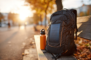 Backpack with integrated solar panel resting on a bench in a park during autumn, a Photo by AlyaAnd