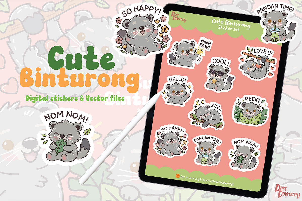 Cute Kawaii Binturong Sticker Set, an Illustration by Dori Debreceni draws (Photo 4 of 4)