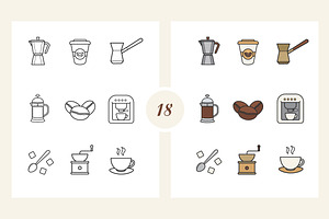 Coffee Linear And Color 18 Icons