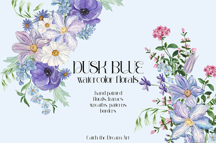 Dusk Blue Watercolor Florals, a Decorative Illustration by Catch the Dream Art