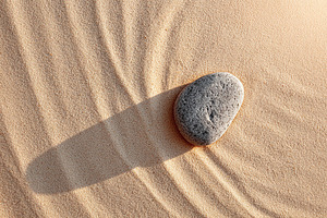 Unique smooth gray stone resting on soft sandy surface with gentle sunlight ill, a Photo by AlyaAnd