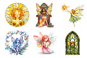 Fairies Stained Glass Watercolor Cli, an Illustration by DreamArtGraphic (Thumbnail 3 of 4)