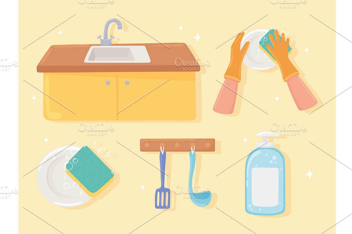 icon set of washing kitchen, an Object Illustration by studiogstock