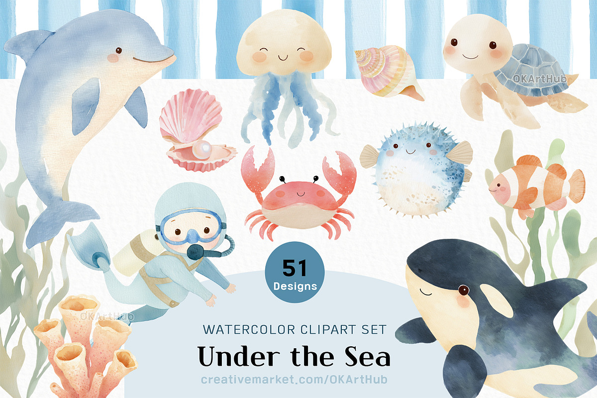 Under the Sea Watercolor Clipart Set, a Decorative Illustration by OKArtHub (Photo 1 of 7)