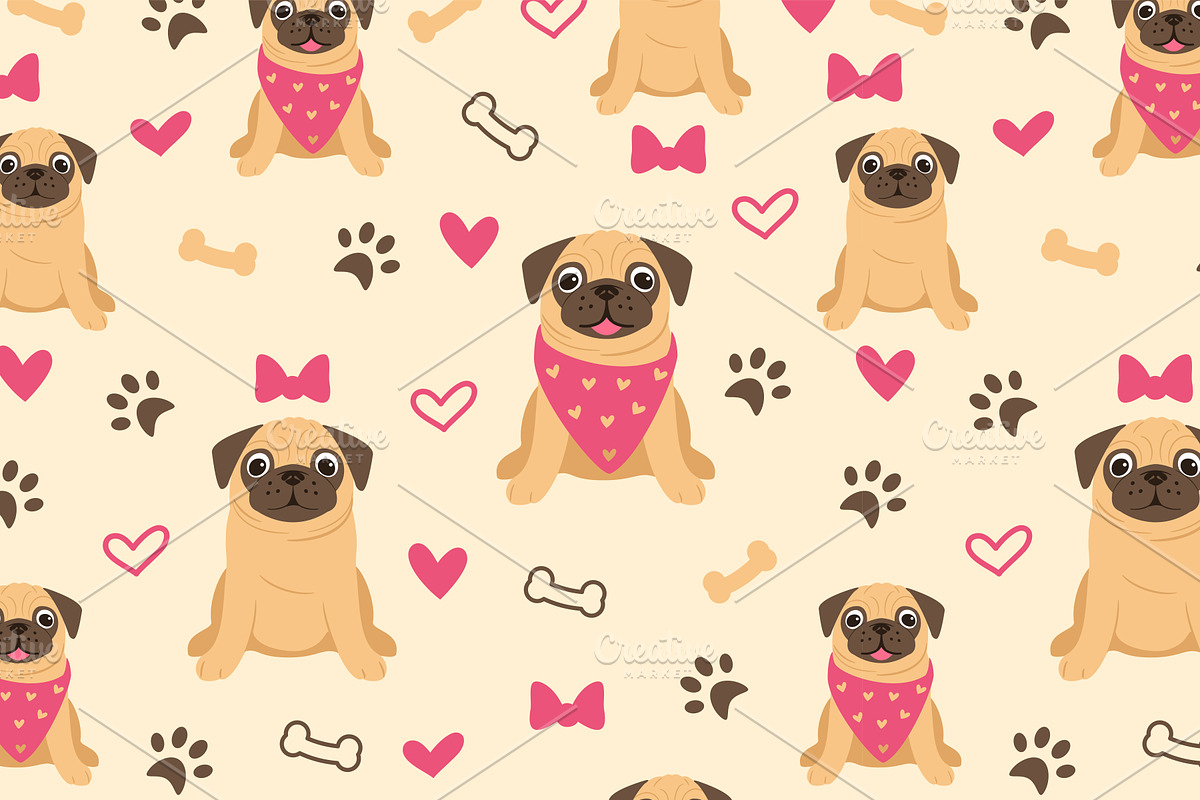 Pug Seamless Patterns | Vector Files, an Animal Illustration by Elena Nesterova (Photo 2 of 7)