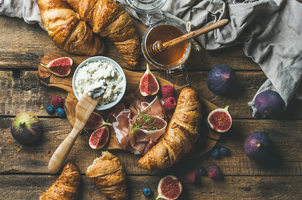 Breakfast with croissants containing breakfast, croissant, and ricotta, a Food & Drink Photo by Foxys