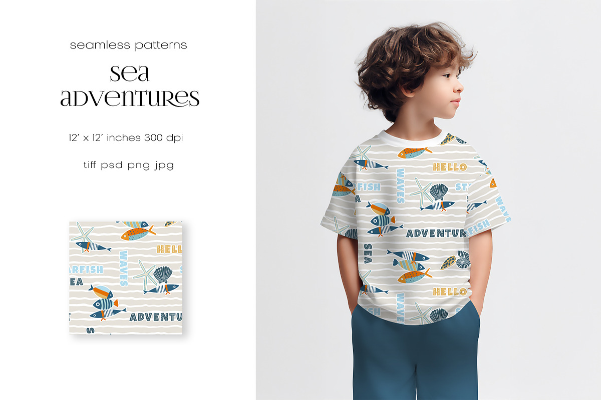Kids Patterns Sea Adventure, a Pattern Graphic by PROTEA Watercolor Studio (Photo 3 of 11)