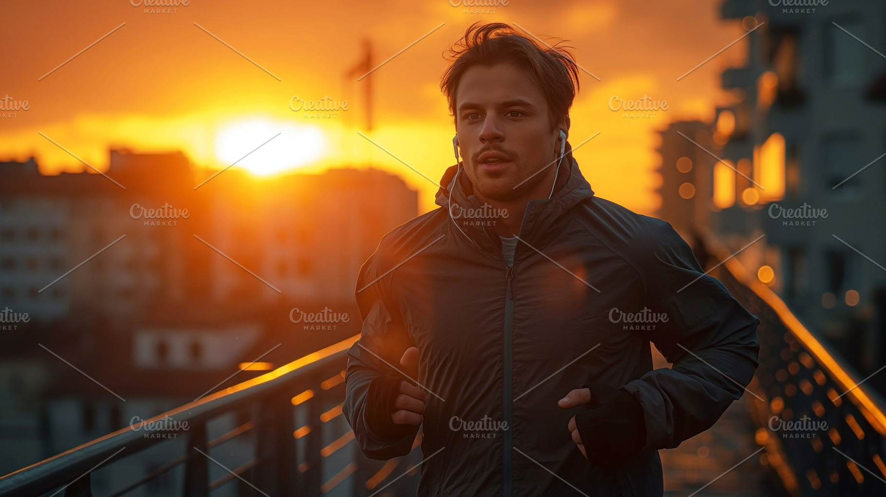 Young athletic man jogging outdoors at sunset, radiating determination and focu, a Person Photo by ImageMir