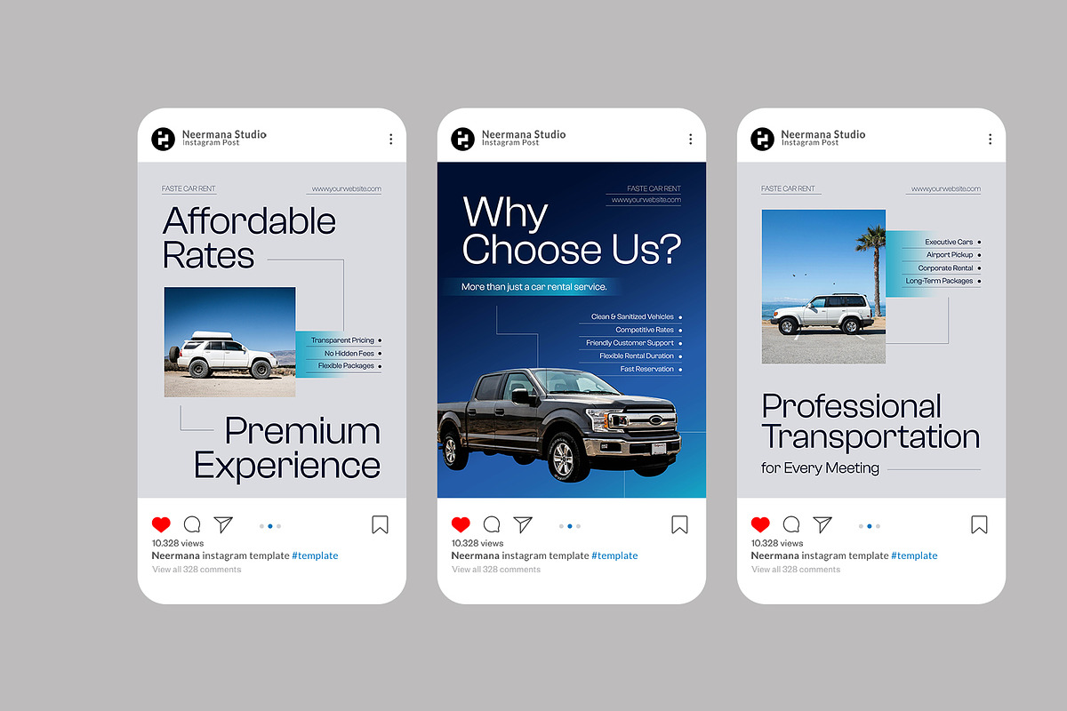 Blue Car Rent Instagram Post, a Social Media Template by Neermana (Photo 3 of 4)