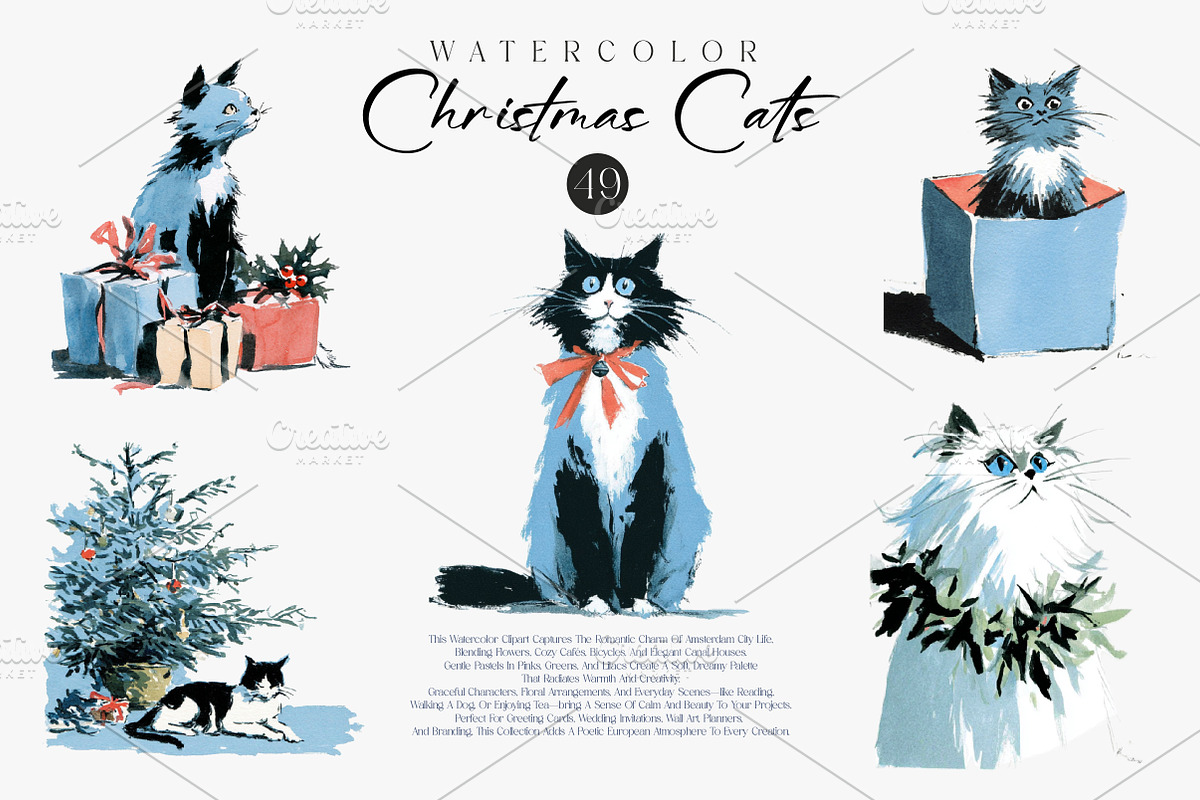Christmas Cats Holiday Cats Set, an Illustration by CreationArt (Photo 2 of 7)