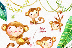 Monkey. Watercolour Clip Art.