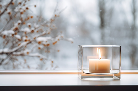 Candle in elegant glass candleholder on a windowsill, with winte, a Holiday Photo by Studio Light & Shade