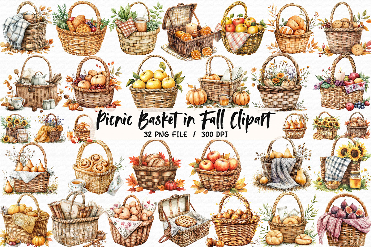 Picnic Basket in Fall Watercolor Cli, an Illustration by Libby Wishes (Photo 1 of 4)