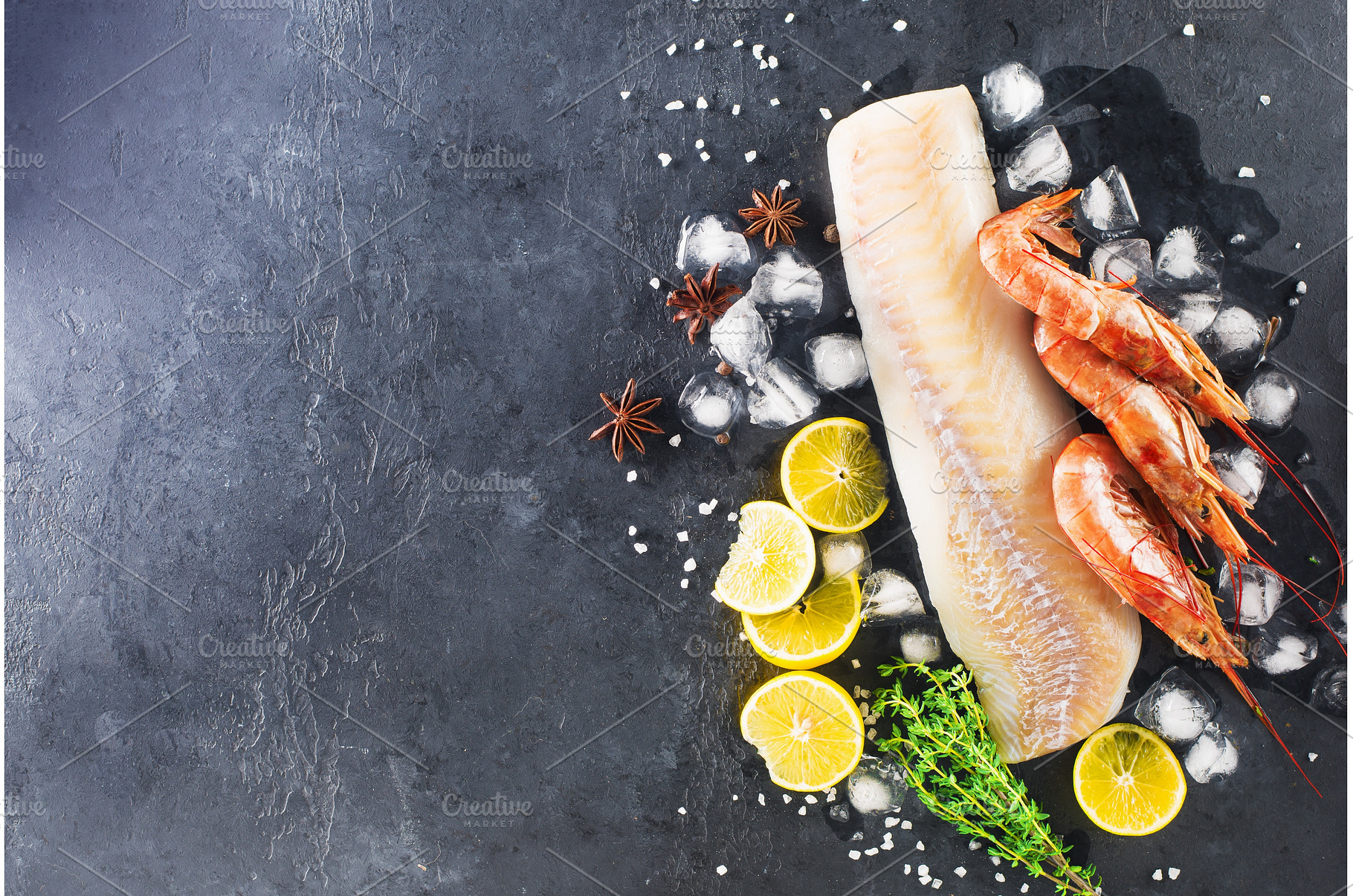 Cod shrimp background. White fish, a Food & Drink Photo by IleishAnna