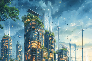 A futuristic cityscape featuring tall buildings adorned with greenery and solar, a Technology Illustration by Textures & Backgrounds
