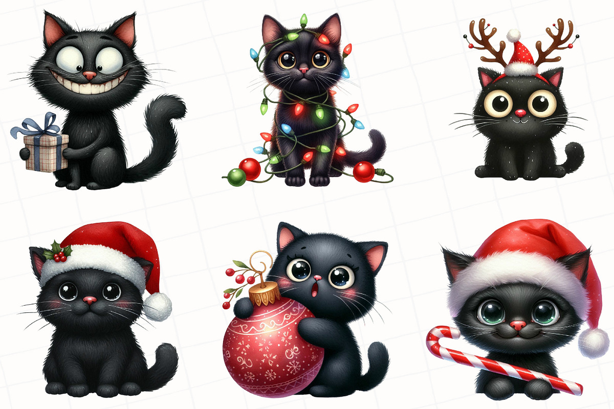 Christmas Funny Black Cat Clipart, an Illustration by OK Design (Photo 2 of 5)