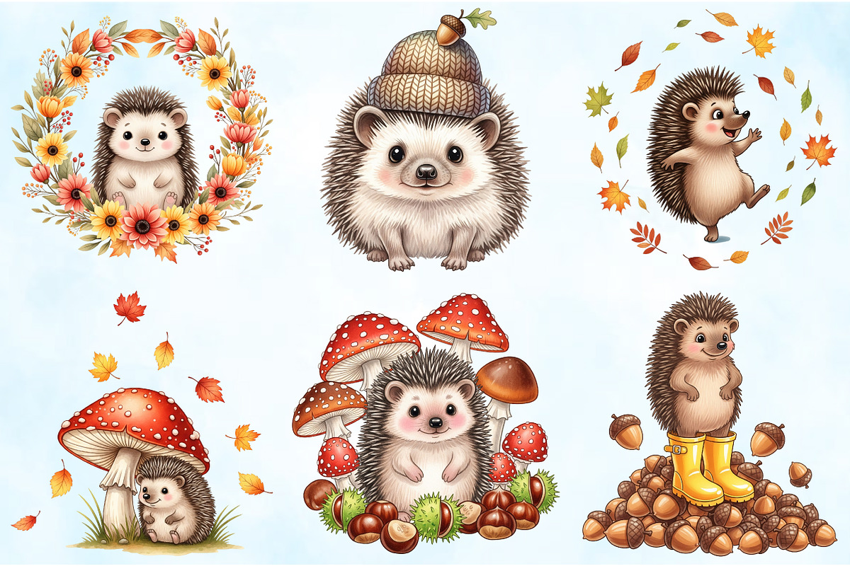 Watercolor Autumn Cute Hedgehog PNG, an Illustration by Craft Nest (Photo 4 of 9)