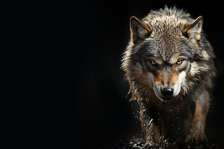 Portrait of an angry wolf, panoramic layout. Generative Ai, an Animal Photo by Ales Munt