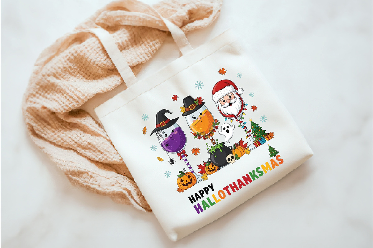 Happy HalloThanksMas Wine Shirt, an Illustration by Watercolor design (Photo 5 of 6)