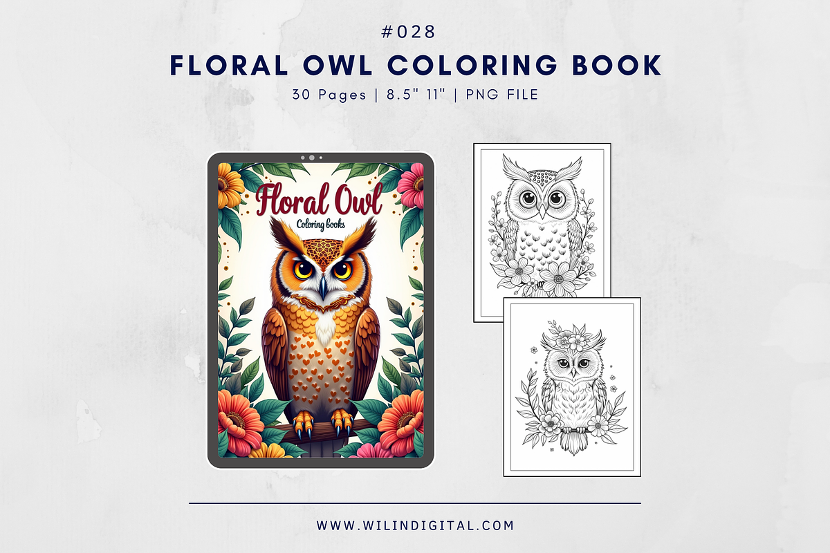 30 Floral Owl Coloring Books, an Illustration by Wilin Digital (Photo 1 of 3)