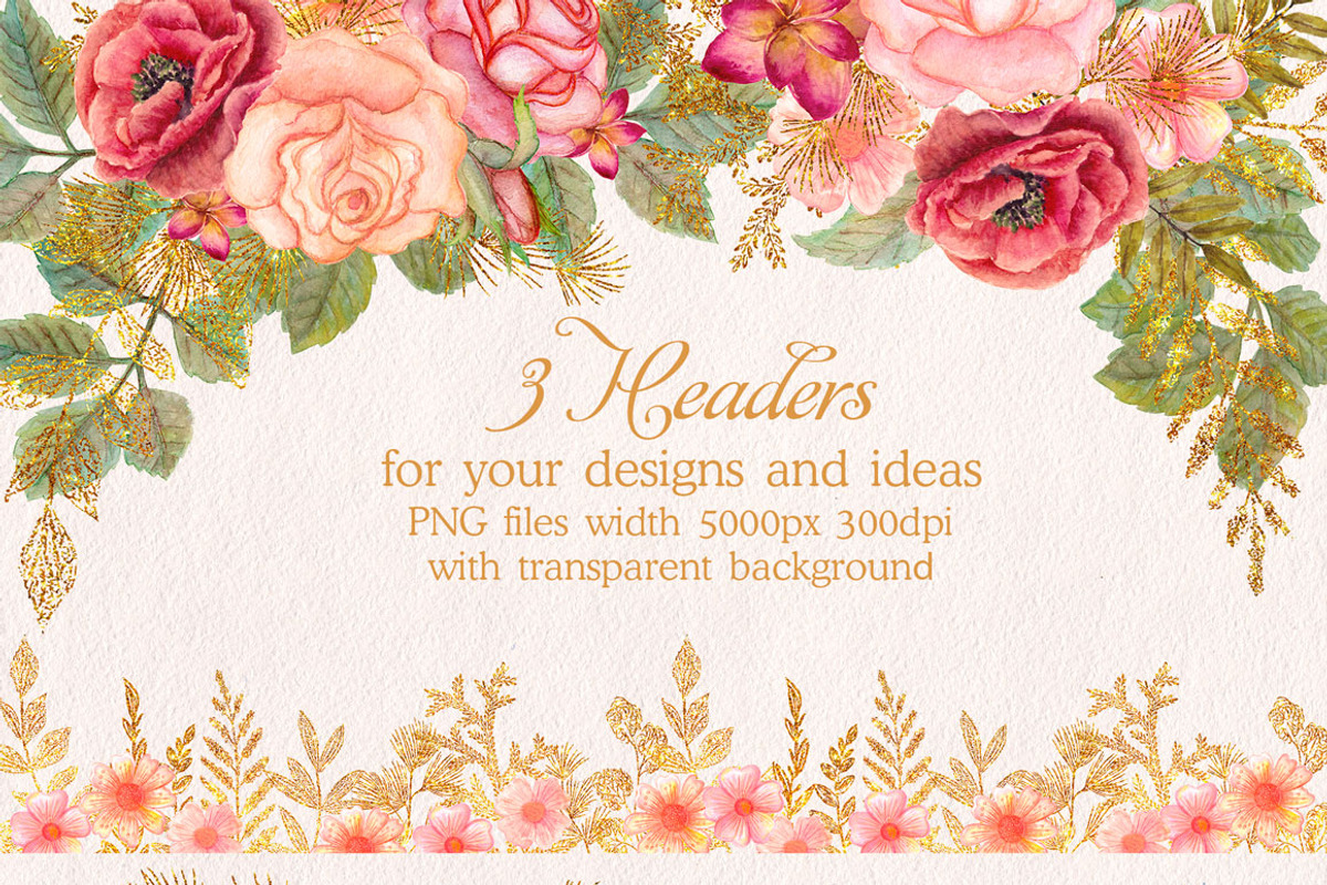 Watercolor glitter floral headers, a Decorative Illustration by antuanetto (Photo 2 of 5)
