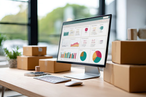 Workspace featuring a desktop monitor displaying graphs and charts with package, a Photo by AlyaAnd