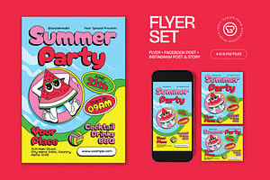 Blue Yellow Summer Party Flyer Set, a Flyer Template by graphicook