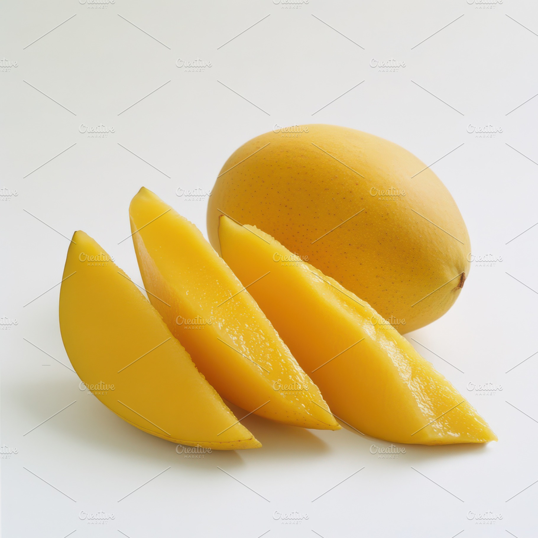 Mango with mango slices and green le, a Food & Drink Photo by Pixeness Studio
