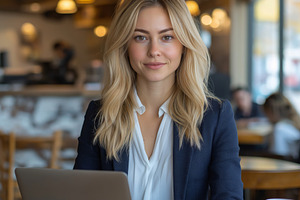 Confident young woman with long blonde hair working on a laptop in a cozy café, a Person Photo by ImageMir