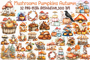 Watercolor Mushrooms and Pumpkins Au, an Illustration by Sublimation Artist