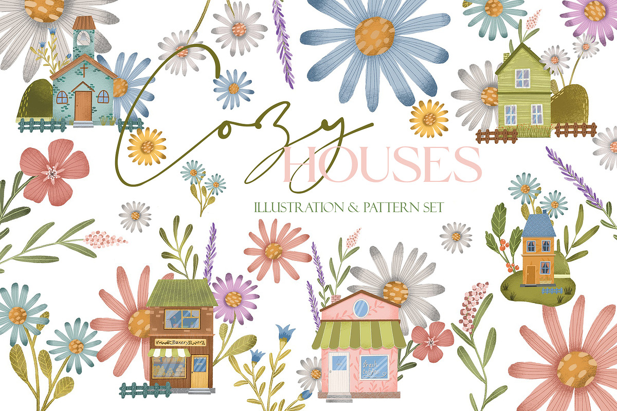 Cozy houses clipart and pattern set, an Object Illustration by Yelloo Fish (Photo 1 of 12)