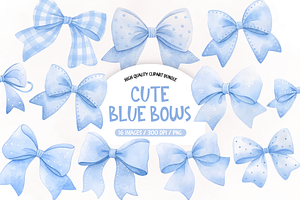 Watercolor Blue Bows PNG Bundle, an Illustration by TatiMockup
