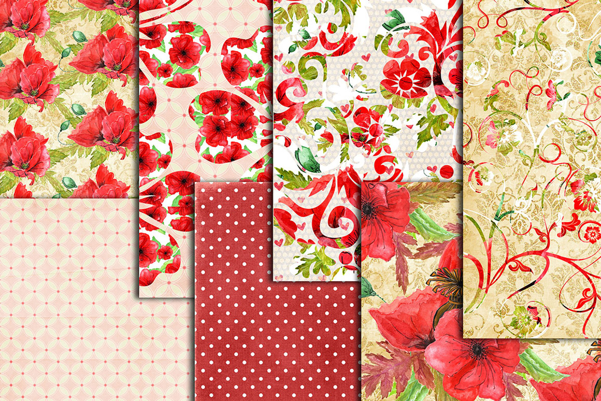 Red floral digital paper pack, a Pattern Graphic by chilipapers