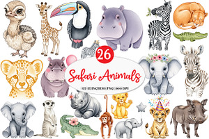 Safari Animals Clipart, an Illustration by Watercolor design