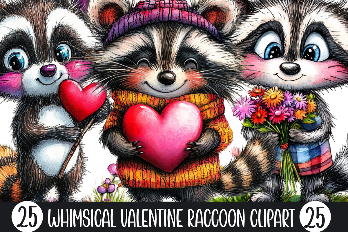 Whimsical Valentine Raccoon Clipart, an Illustration by Designking (Photo 1 of 5)