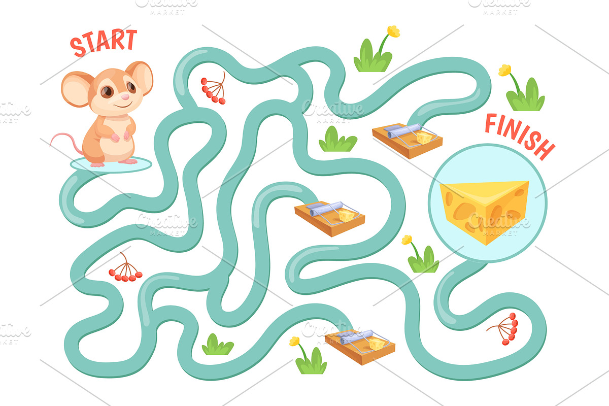 Mouse maze. Cartoon rat find cheese, an Education Illustration by Stock-Smart-Start