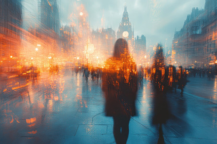 City landscape with blurred figures, a Photo by Tanuart