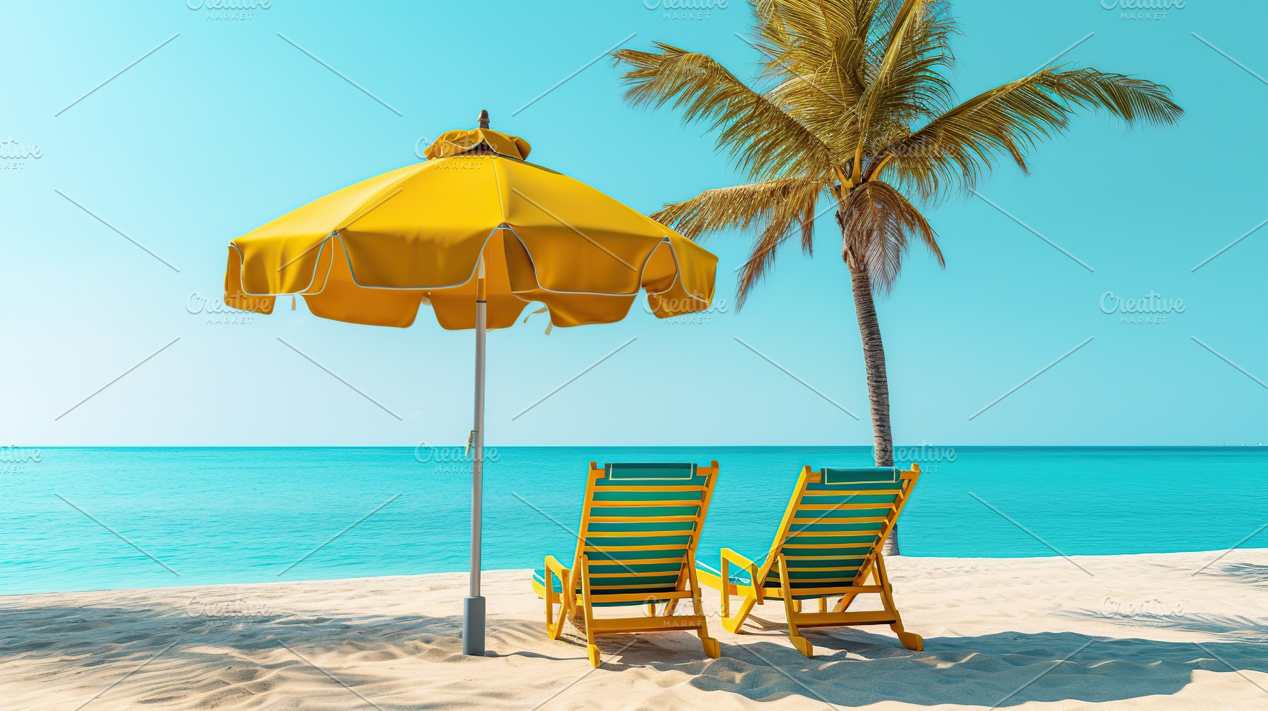 Illustration of deck chairs on sandy beach near palm tree. Generative AI, a Nature Photo by AlyaAnd
