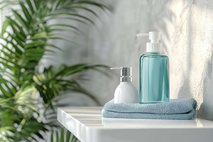 Bottles of liquid soap and lotion on, a Photo by Tanuart