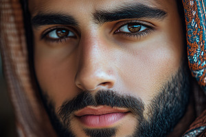 A close-up portrait of a young arabic man with a beard and dark hair, wearing a, a Person Photo by Textures & Backgrounds