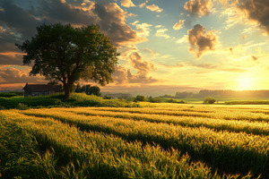 Golden fields and a solitary tree at, a Photo by Tanuart