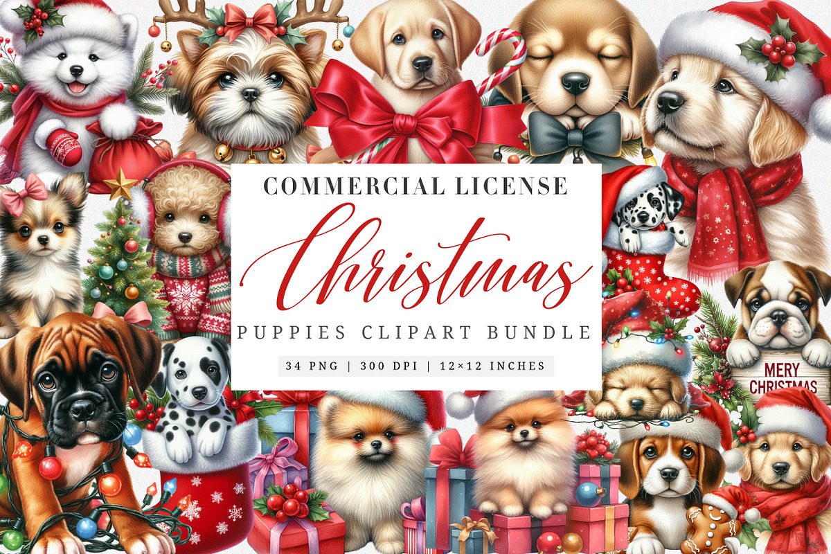 Christmas Puppies Clipart Bundle, an Illustration by SinaCreation (Photo 1 of 7)