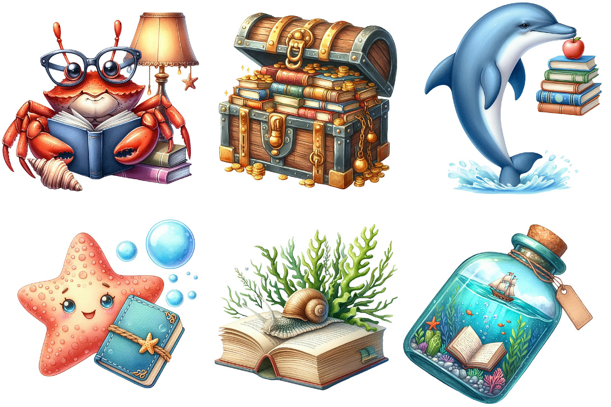 Undersea Reading Clipart, an Illustration by Watercolor design (Photo 2 of 4)