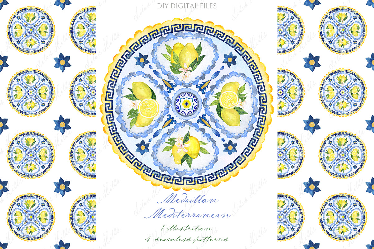 Blue Mediterranean Lemons Medallion, a Decorative Illustration by LABFcreations (Photo 1 of 4)