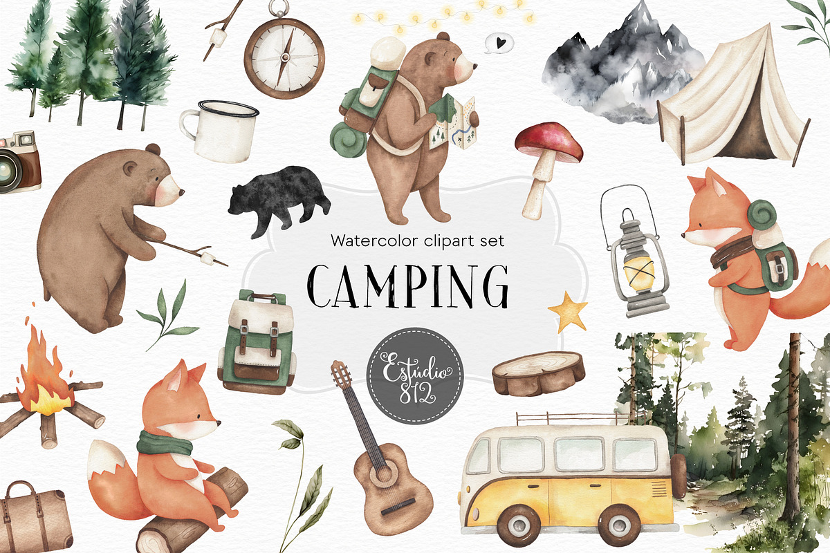 Camping watercolor set, an Animal Illustration by Estudio 812 (Photo 1 of 9)