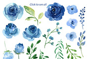 Blue Watercolor Roses Flowers Leaves, an Illustration by GraphicsDish (Thumbnail 2 of 3)