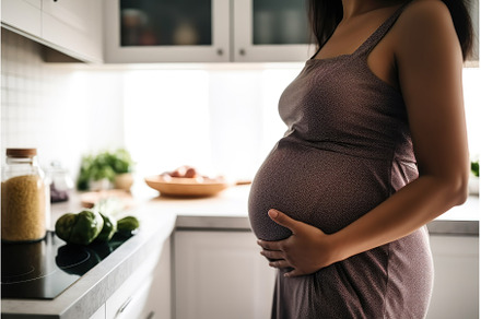 shot of a pregnant woman holding her, a Person Photo by Sergey Kotenev