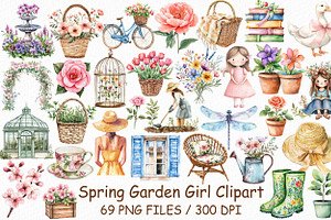 Watercolor Spring Garden Girl Clipar, an Illustration by Design Market