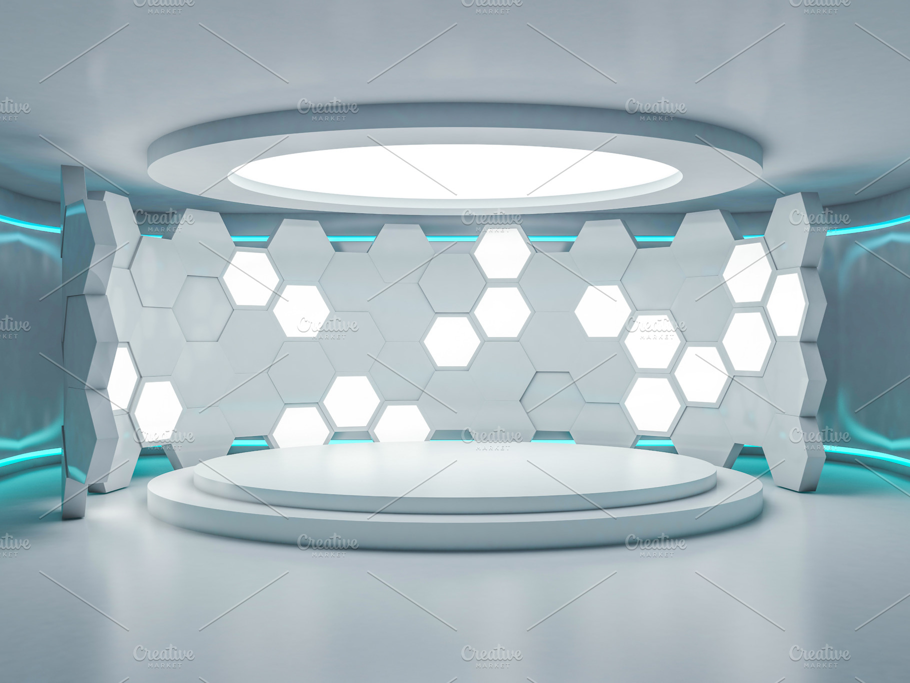 Abstract modern architecture containing showroom, stage, and design, an Architecture Photo by 3D Graphics Shop